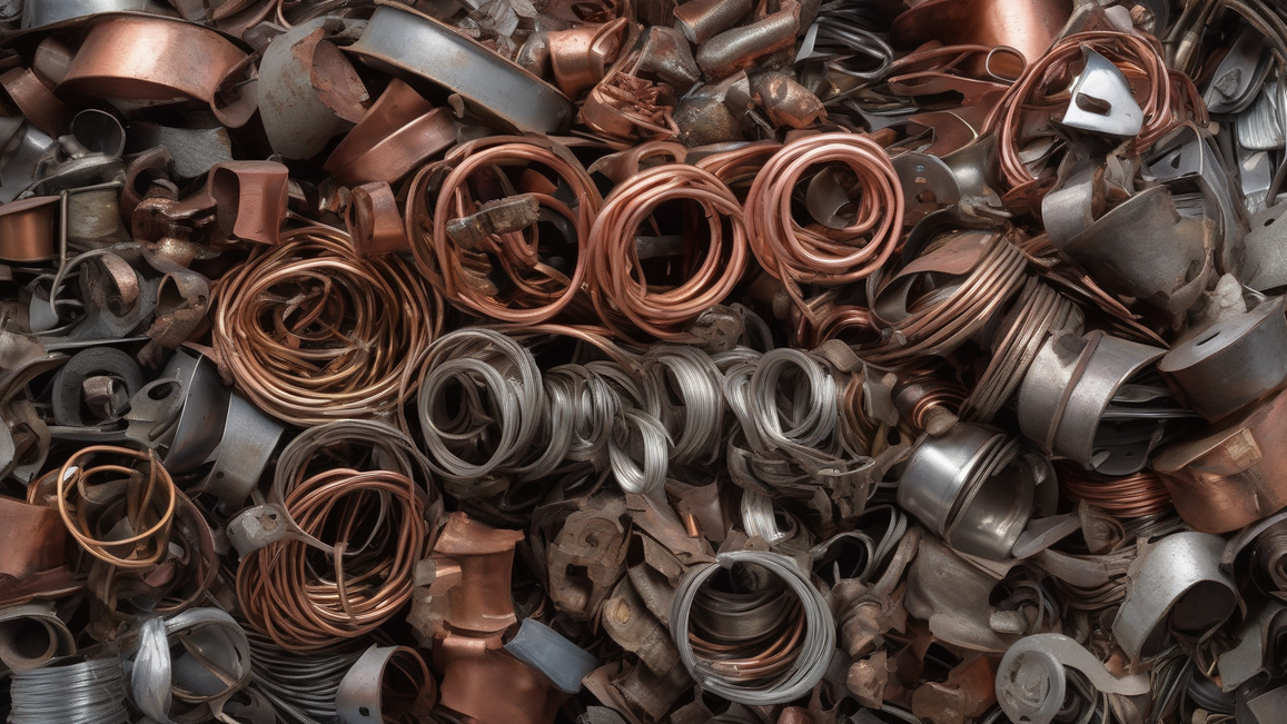 Illustrates the variety of scrap materials accepted by the company, highlighting different types of metals.