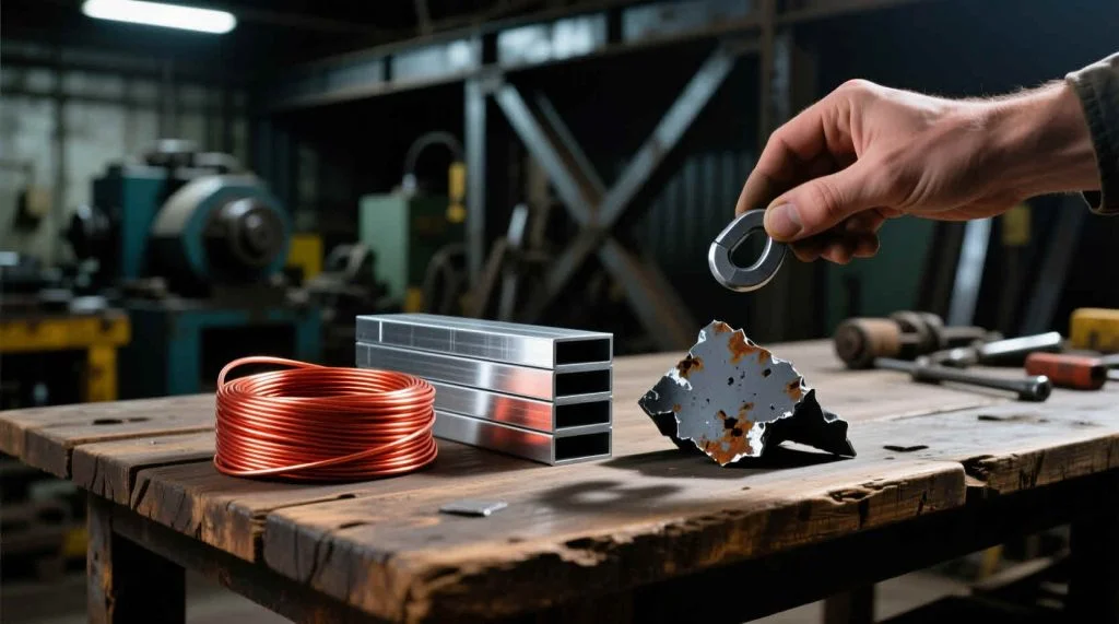 يد تمسك بقطعة معدنية في ورشة تحتوي على مواد خردة.