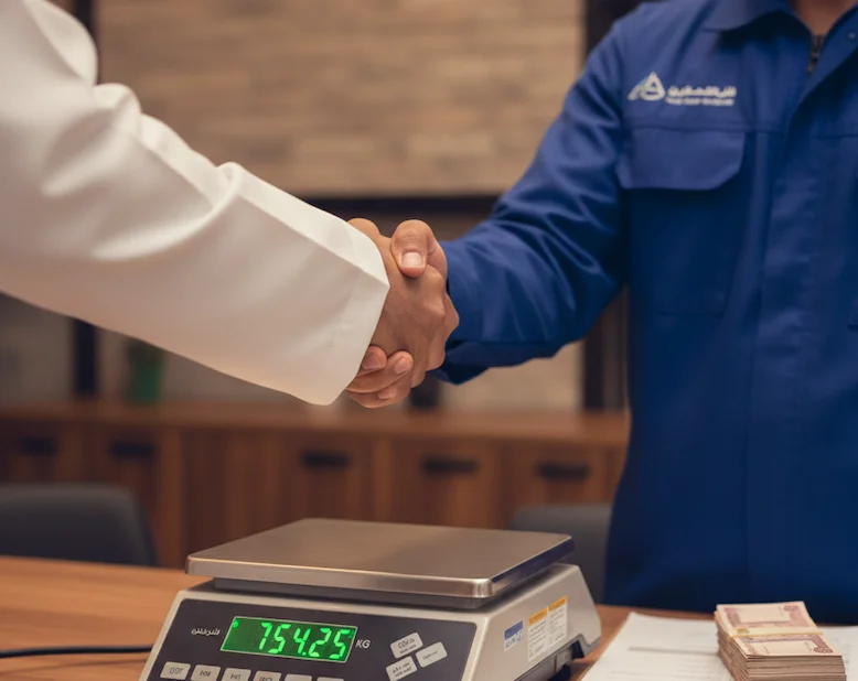 رجلان يتصافحان بجانب ميزان رقمي يظهر الوزن 75.425 كجم.