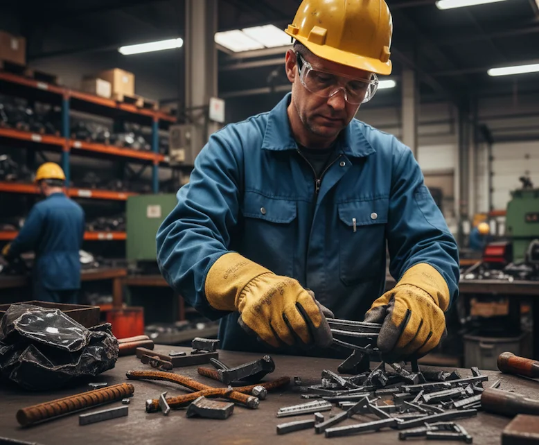 عامل يرتدي خوذة وقفازات يعمل في ورشة معادن.