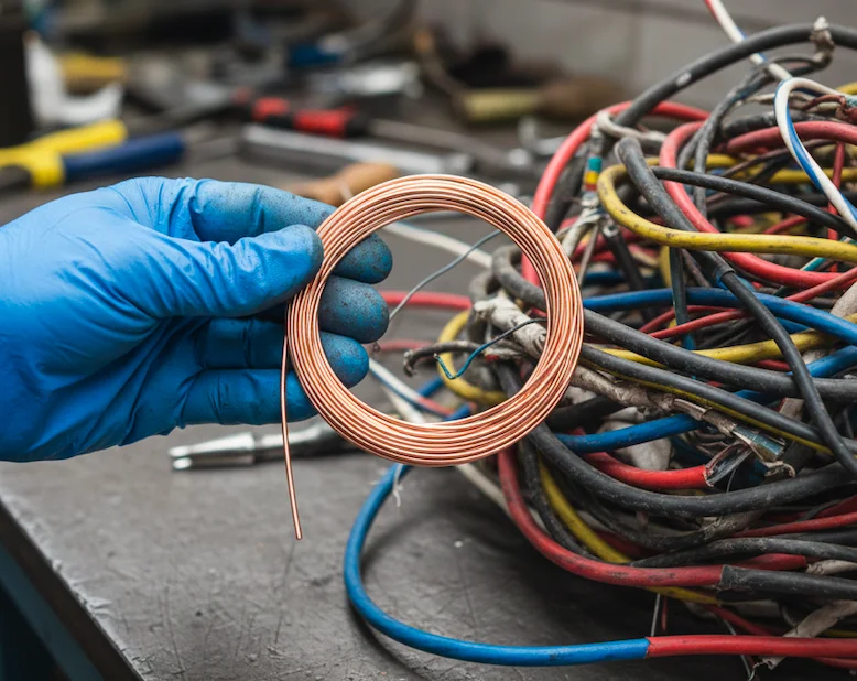 يد ترتدي قفازًا أزرق تحمل سلكًا نحاسيًا بجانب كومة من الأسلاك المختلفة.
