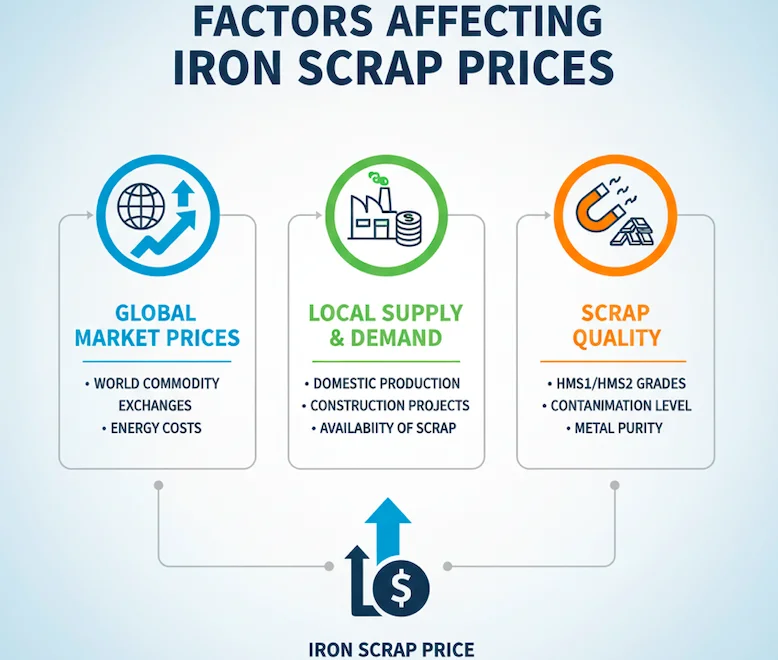عوامل تؤثر على أسعار خردة الحديد: السوق العالمي، العرض والطلب المحلي، جودة الخردة.