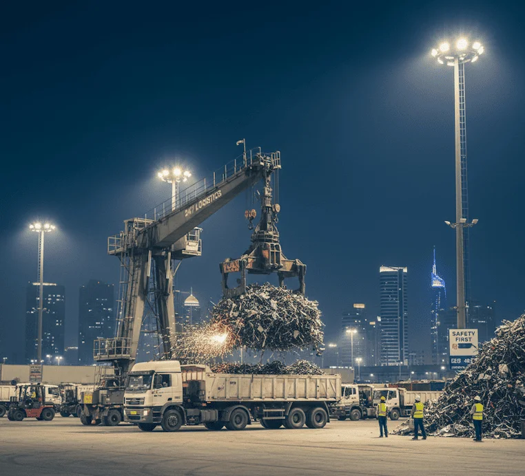 رافعة ترفع خردة معدنية في موقع ليلي مضاء في جدة